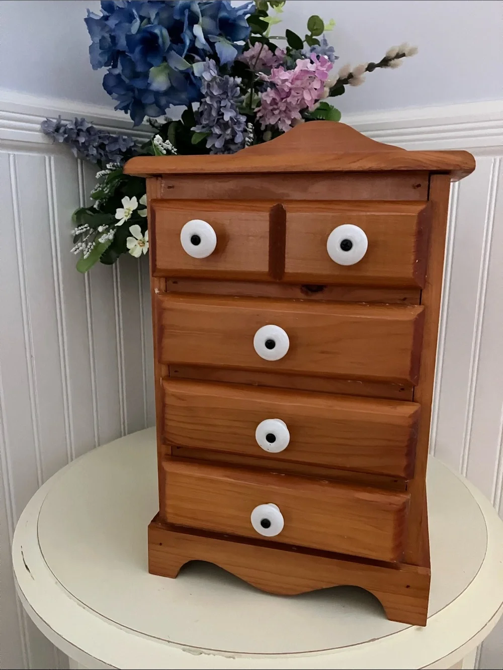 Vintage Pine Wood Small Storage Tabletop Cabinet With Porcelain Pulls